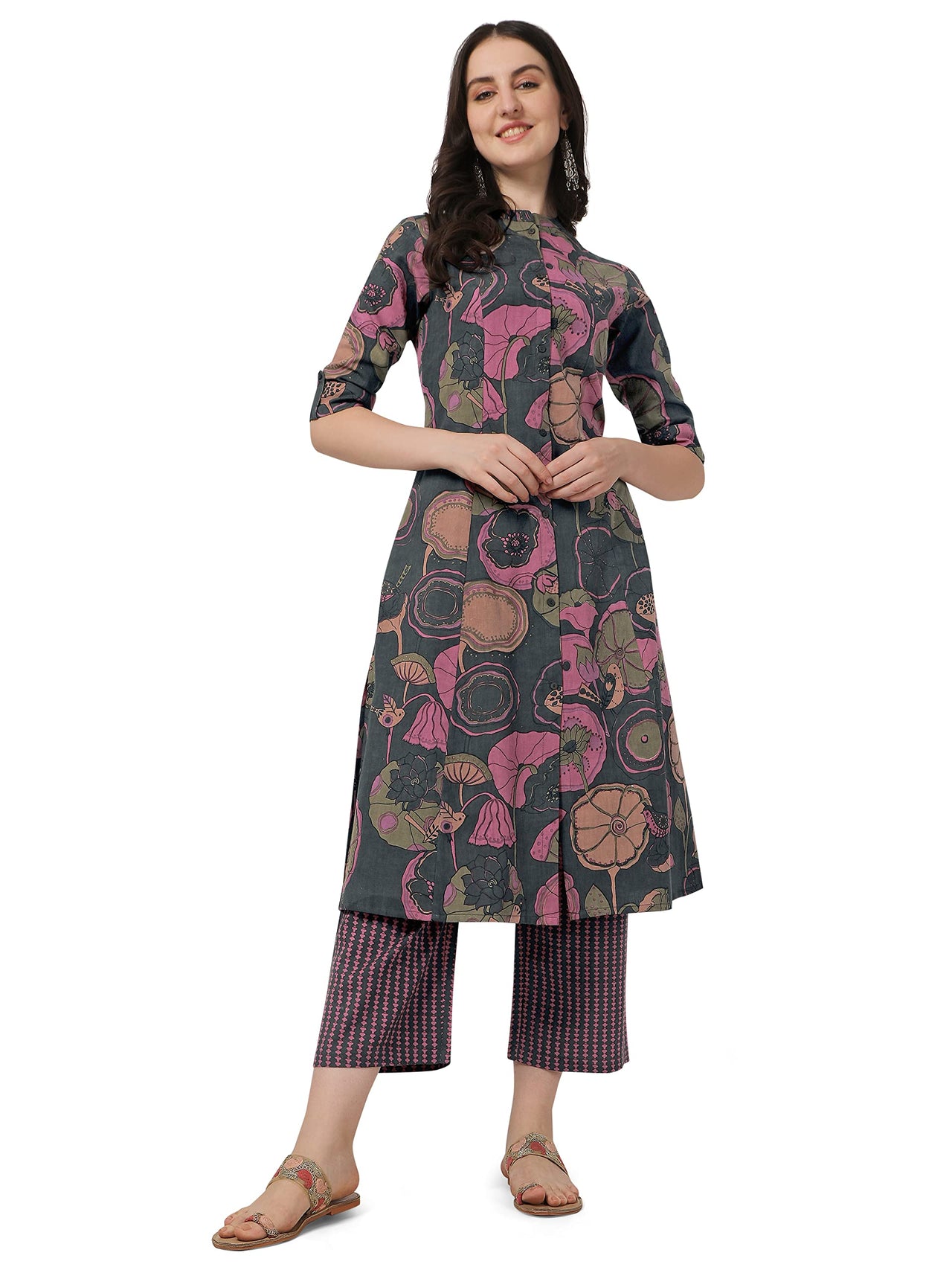 MIRCHI FASHION Women's  Cotton Bagru Printed A-Line Kurta Set with Plazzo Pant L Grey, Pink