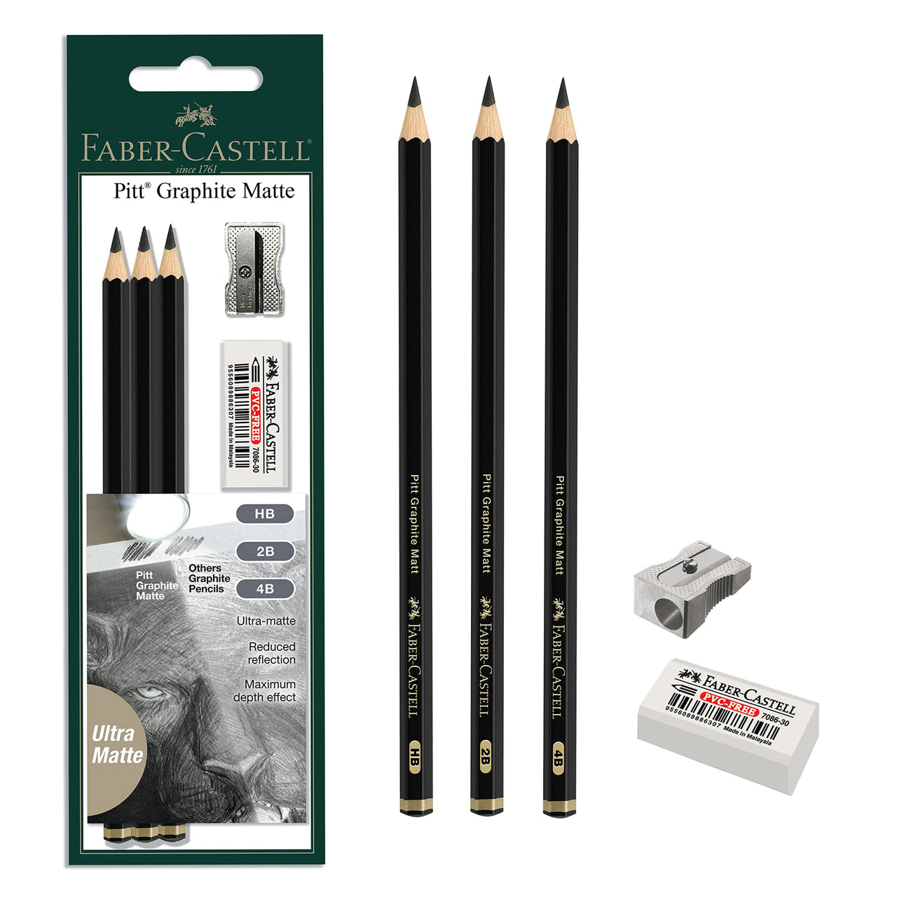 Faber-Castell 3 Count Pitt Graphite Matte Tin - HB, 2B, 4B - Matte Black Graphite Pencils 3 Count - HB, 2B, 4B