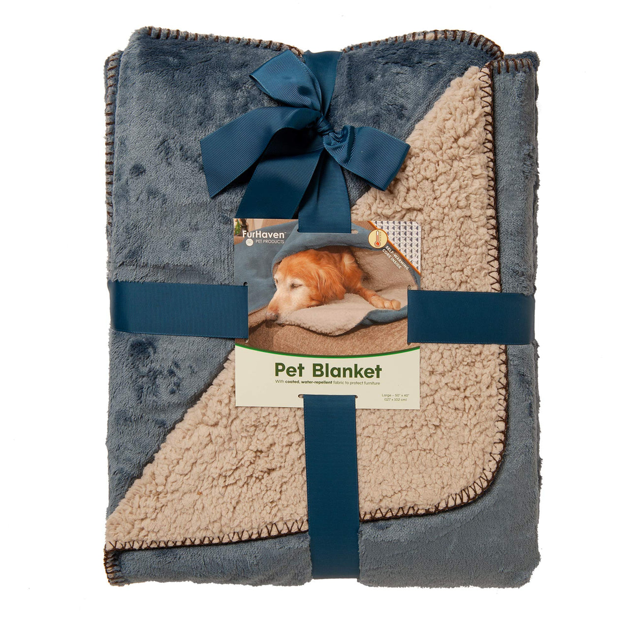 Furhaven Waterproof & Self-Warming Throw Blanket for Dogs & Indoor Cats, Washable & Reflects Body Heat - Terry & Sherpa Dog Blanket - Cozy Denim, Large