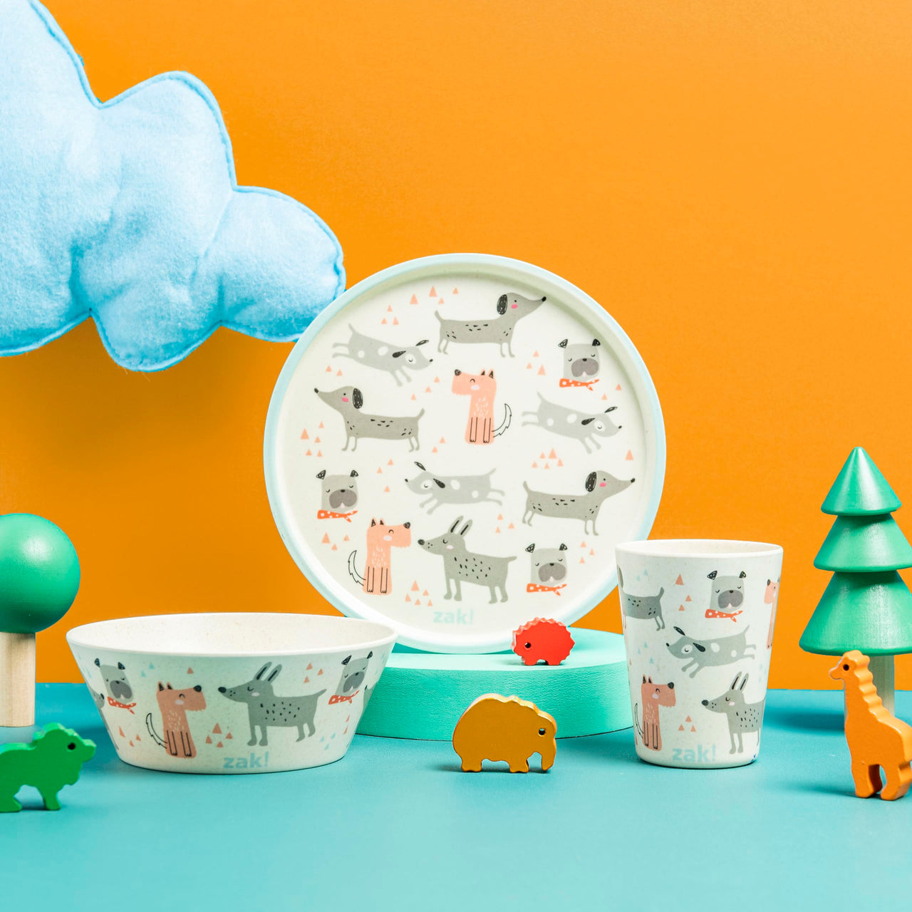 Zak Designs Kids Dinnerware Set 3 Pieces, Durable and Sustainable Melamine Bamboo Plate, Bowl, and Tumbler are Perfect For Dinner Time With Family (Dog) 8" Plate, 6" Bowl, 10oz Tumbler Dog