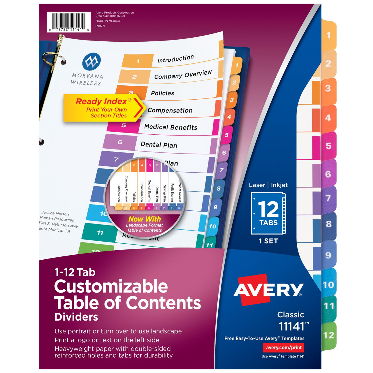 Avery 12 Tab Dividers for 3 Ring Binders, Customizable Table of Contents, Multicolor Tabs, 1 Set (11141) 12 tabs