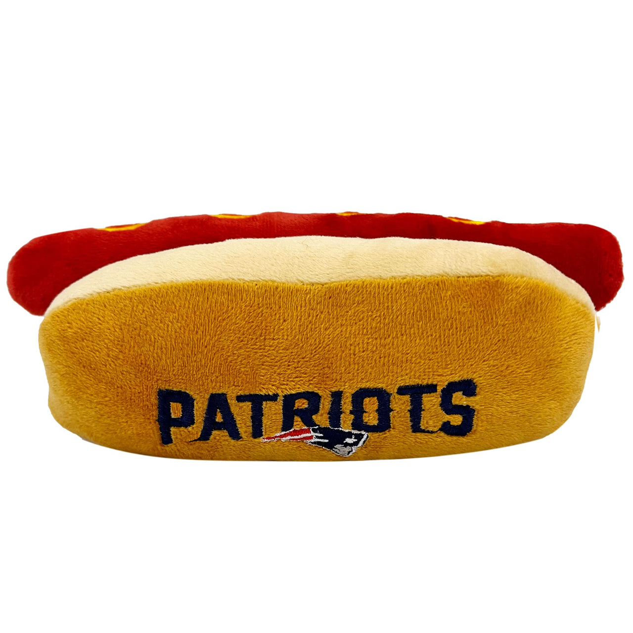 Pets First NFL New England Patriots HOT Dog Plush Dog & CAT Squeak Toy - Cutest HOT-Dog Snack Plush Toy for Dogs & Cats with Inner Squeaker & Beautiful Football Team Name/Logo 8 x 5 x 3 Inches NFL Stadium Hot Dog Toy