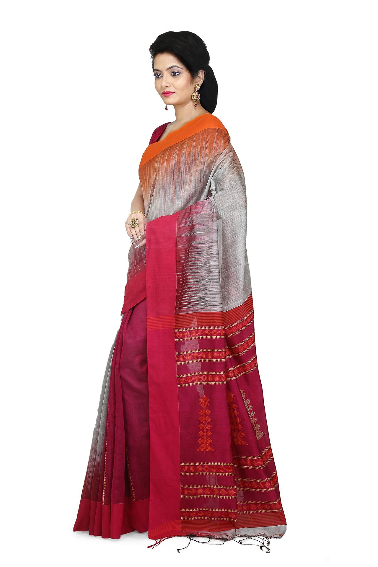WoodenTant Women’s Ikkat Cotton Silk Saree In Pink with White Cotton Thread work