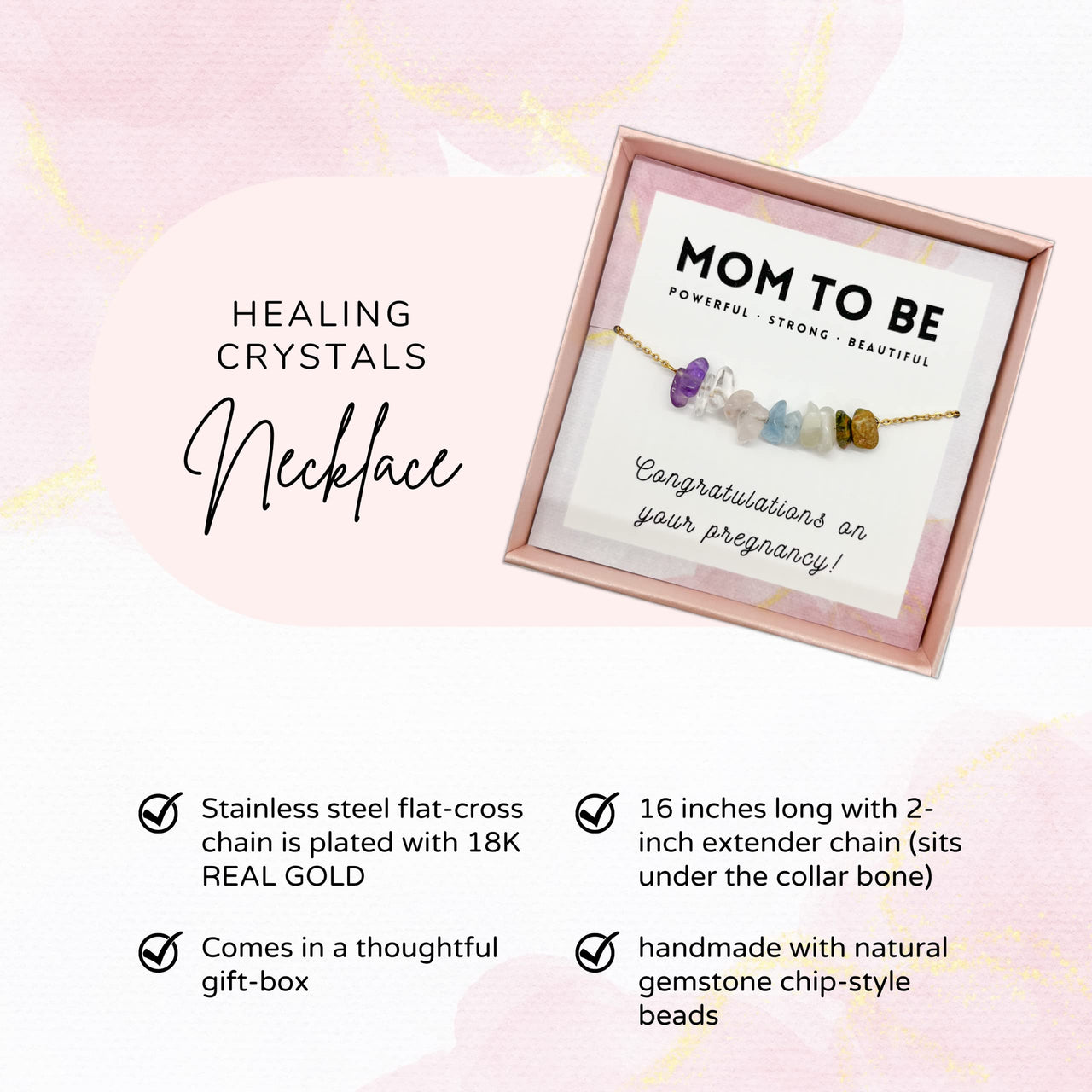 Mother’s Ray Pregnancy Crystal Necklace – 18k Gold-Plated Mom Necklace for Mothers To Be – Healing Crystal Necklace with Amethyst, Rose Quartz, Moonstone – Pregnancy New Mom Gifts for Women