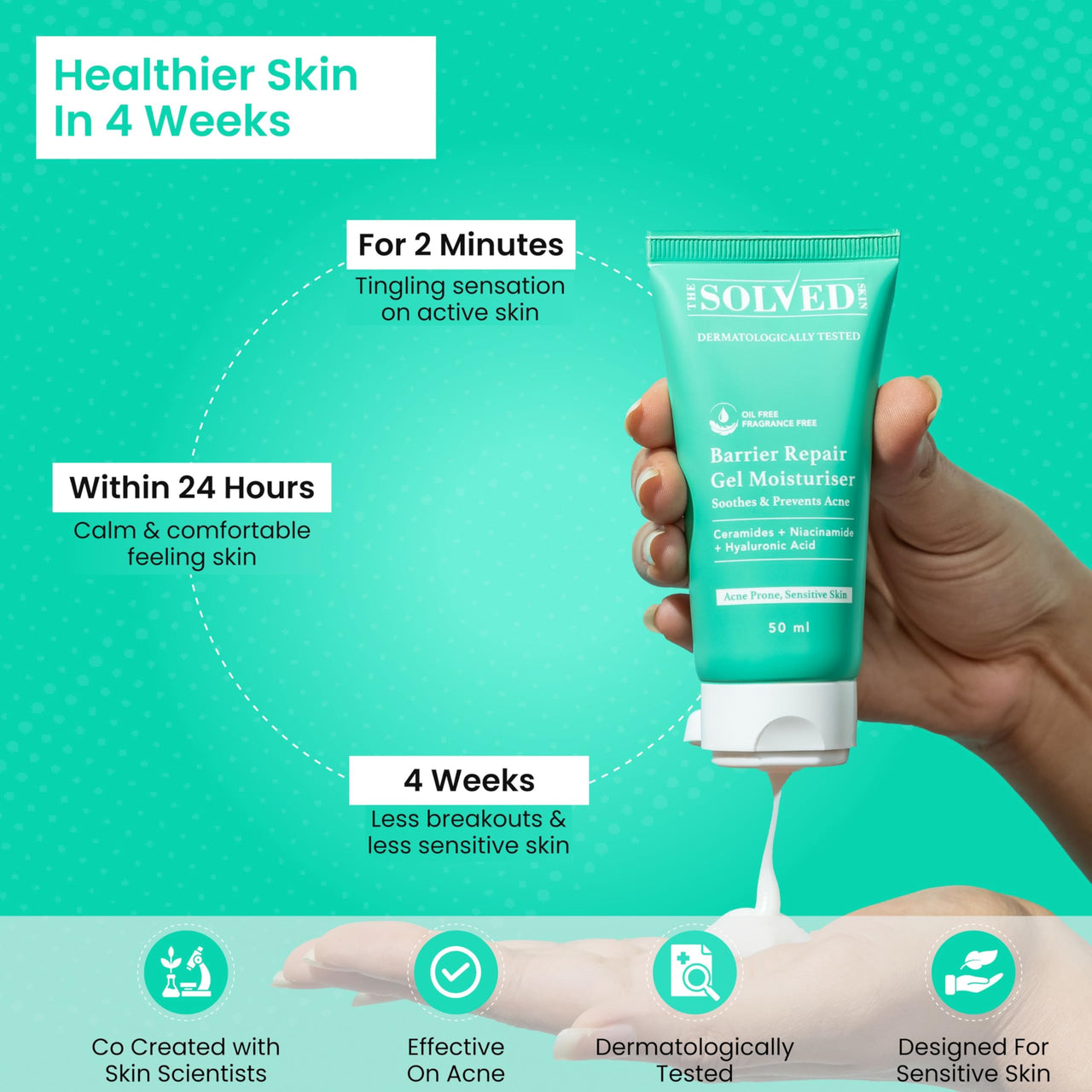 THE SOLVED SKIN India’s 1st Derma Tested Barrier Repair Gel Moisturiser With Lamellar Liquid Technology Reverses 4 Signs of Skin Damage by 70% Within 4 Weeks. 48 Hours Hydration. 50ml