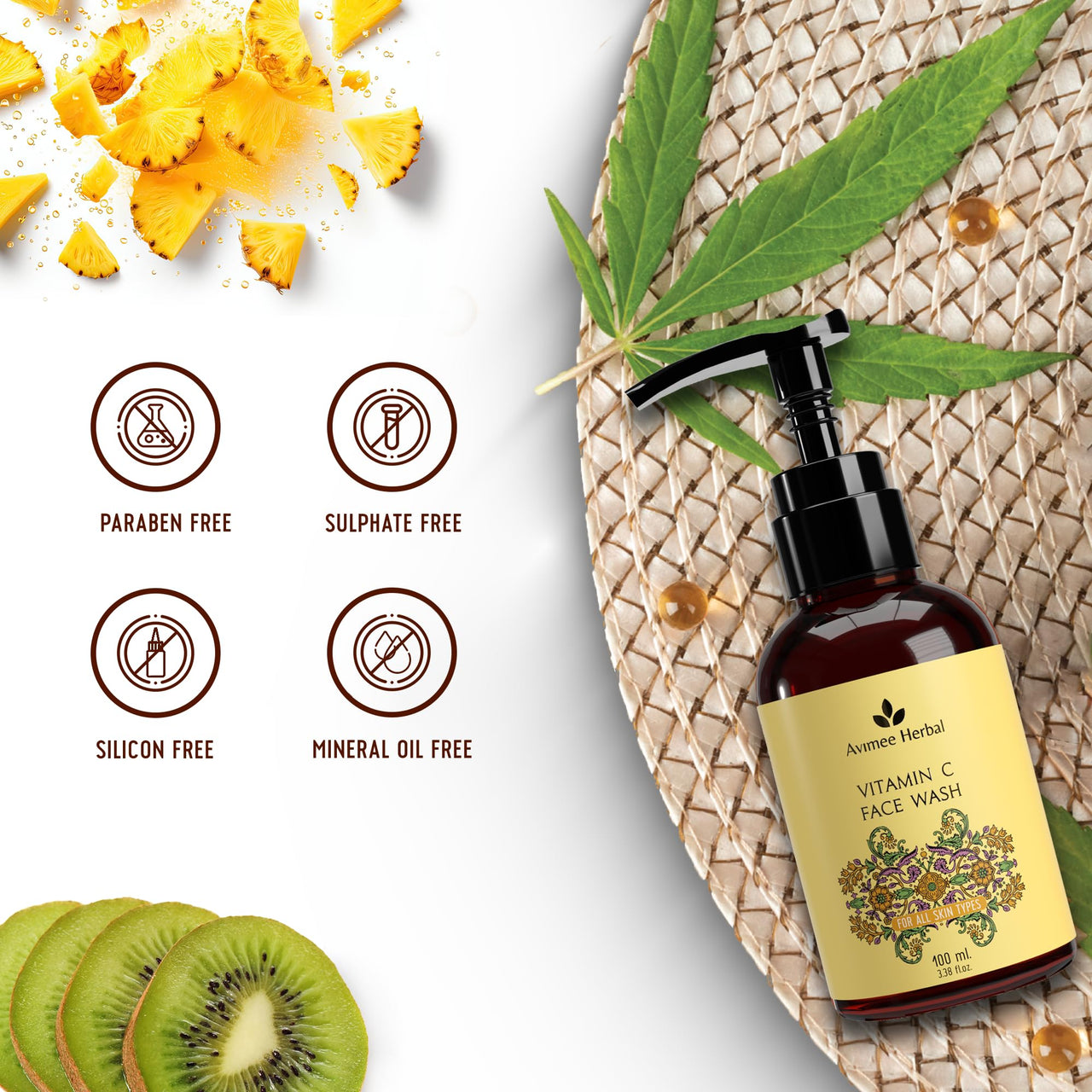 Avimee Herbal Vitamin C Face Wash for Women & Men | For Acne-Prone, Dry, Dull & Oily Skin, Illuminates Skin | Sulphate Free | 100 ml