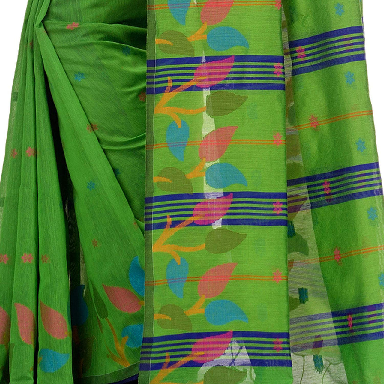 WoodenTant women’s handloom cotton saree in Green with multicolor designer Leaf in pallu