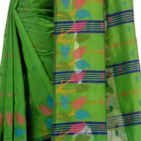 WoodenTant women’s handloom cotton saree in Green with multicolor designer Leaf in pallu