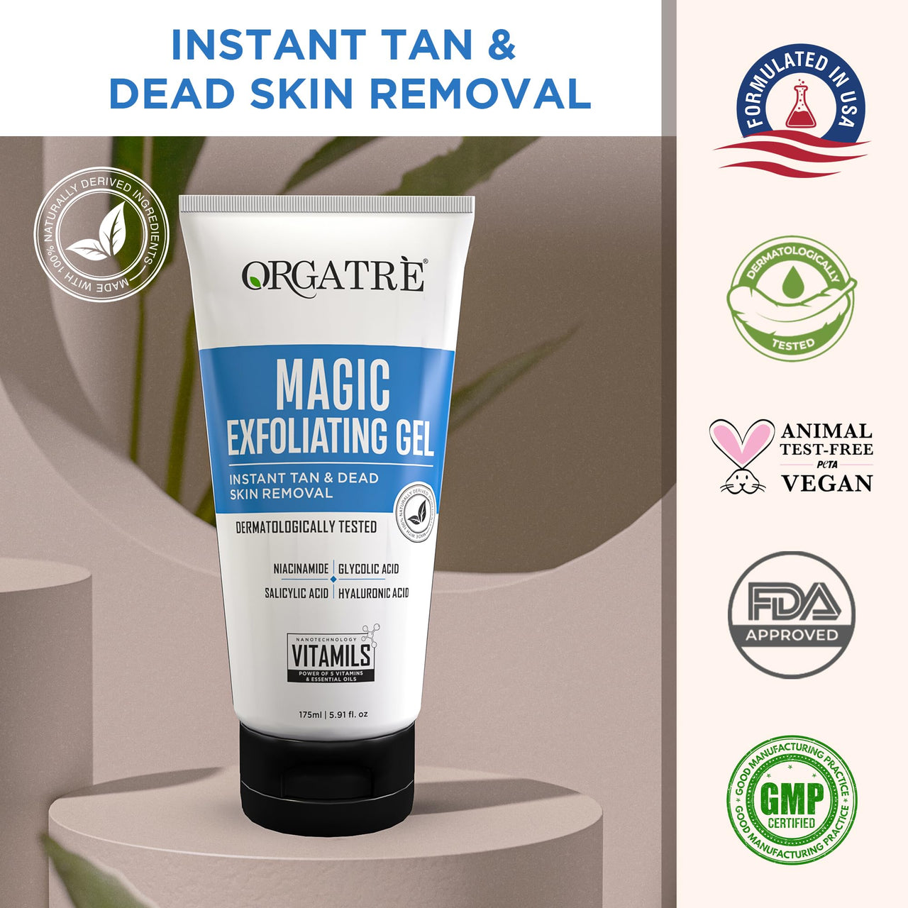 ORGATRE Magic Exfoliating Scrub Gel | Instant Tan & Dead Skin Removal for Face & Body | Dermatologically Tested with Niacinamide 0.001%, Glycolic Acid 0.10%, Salicylic Acid 0.01% & Hyaluronic Acid | 175ml Tan Removal Cream & Detan Gel