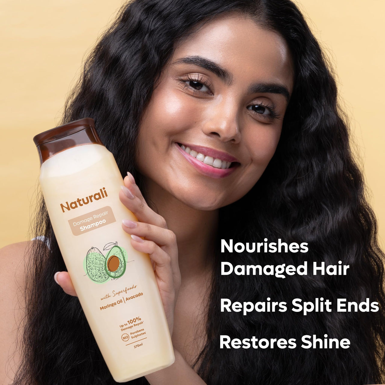 Naturali Damage Repair Shampoo | Improves Damaged Hair In Just 4 Uses | With Avocado & Moringa Oil | Sulphate Free | For Women | Shampoo for Frizzy and Dry Hair | Paraben Free | 370 ml