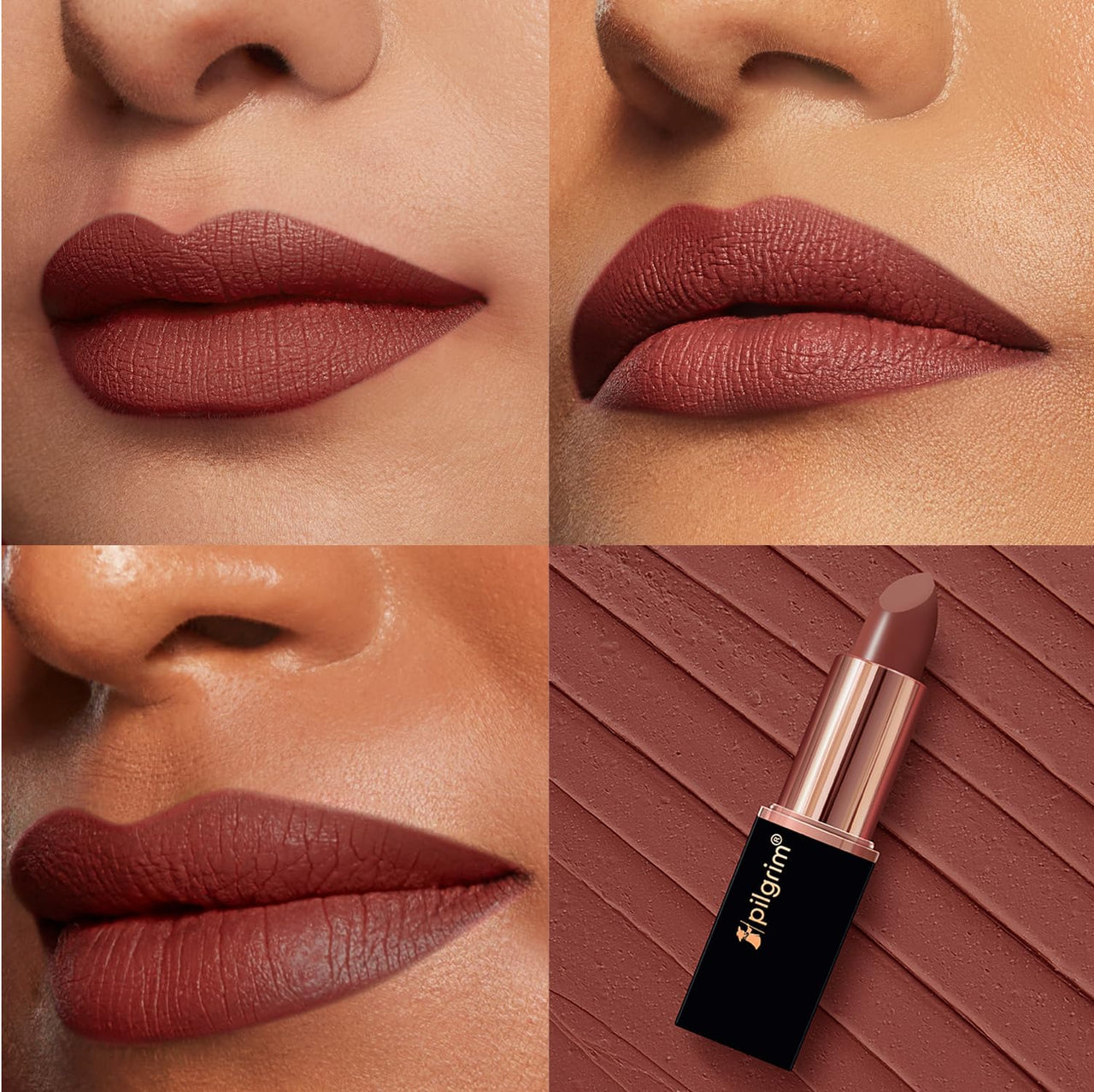 Pilgrim Matte Me Up Bullet Lipstick 4.2g | Creamy, Lightweight, Bold, Non Drying | SPF 30 | Enriched With Hyaluronic Acid & Spanish Squalane | Lipstick for dusky skin tone |Coco Caress-06