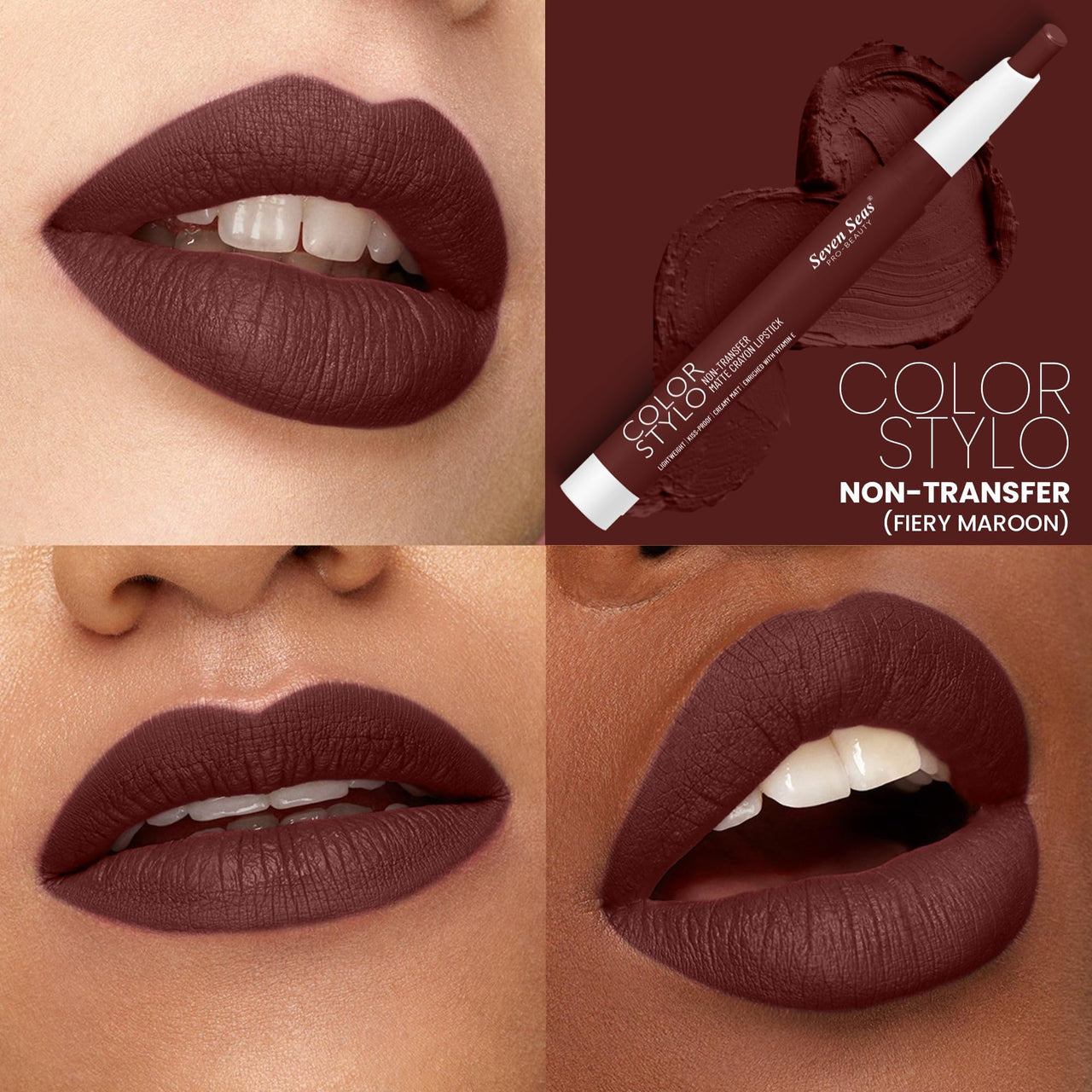 Seven Seas Color Stylo NonTransfer Matte Lipstick | Matte Finish Crayon Lipstick | Waterproof | Long Lasting | Lasts Up to 24 hours (Fiery Maroon)