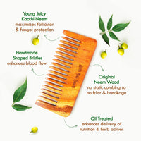 Nat Habit Kacchi Neem Wooden Shampoo Comb - Soaked In 17 Herbs, Neem & Sesame Oil - For Post Shampoo Detangling Suited For Long & Thick Hair (Wide Tooth- Small Size) Pack of 1