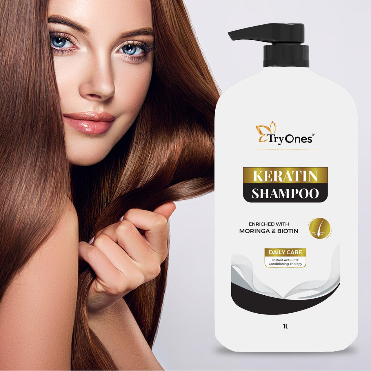 TryOnes Keratin Shampoo, for Straighter, Shinier Hair, with Keratin Nourishes Dry Hair, Controls Frizz, for Men & Women 1000 ml