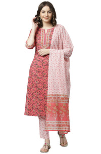 Janasya Women's  Pink Cotton Kurta Set with Pant and Dupatta