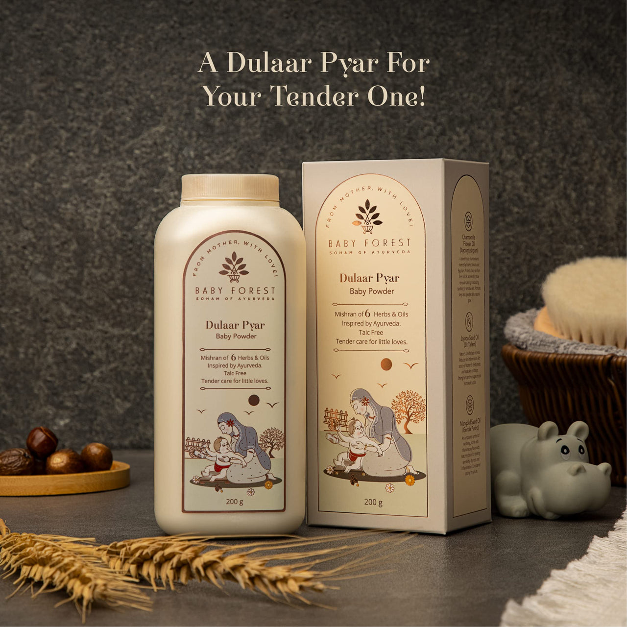 BABY FOREST Dulaar Pyar Talc-Free Baby Powder| With Chamomile Flower Oil, Jojoba Seed Oil, Marigold Seed Oil & Corn Starch, Derma Safe, Cruelty-Free- 200gm