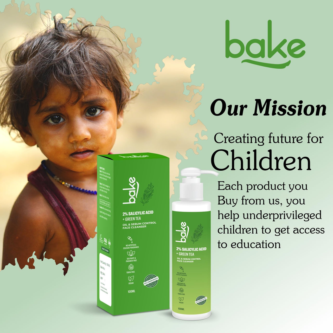 BAKE 2% Salicylic Acid Face Wash For Oily Skin with Green Tea | Sulphate free, Anti Acne Gentle Face Cleanser | Controls Oil & Sebum Production | 100ml (Fresh)