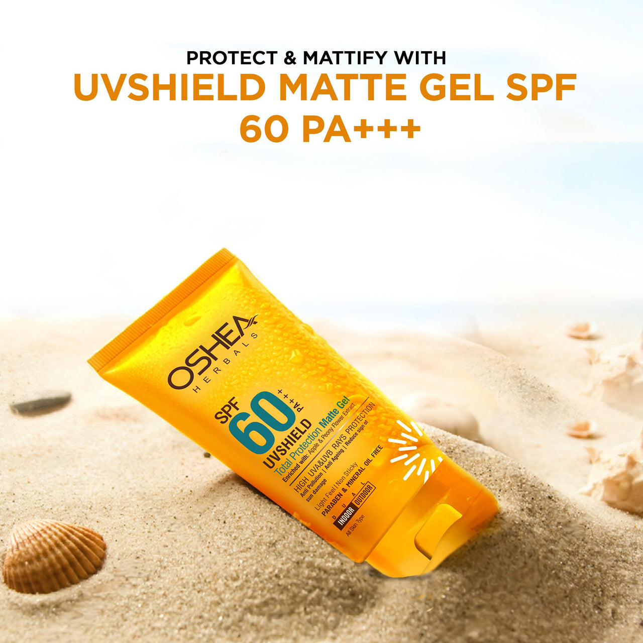 Oshea Herbals SPF 60 PA+++ Non Sticky UVshield Matte Gel Sunscreen for All Skin Types | Reduces Ageing with Signs of Sun Damage, Protects from UVA & UVB | Enriched with Apple & Peony Flower Extract60g