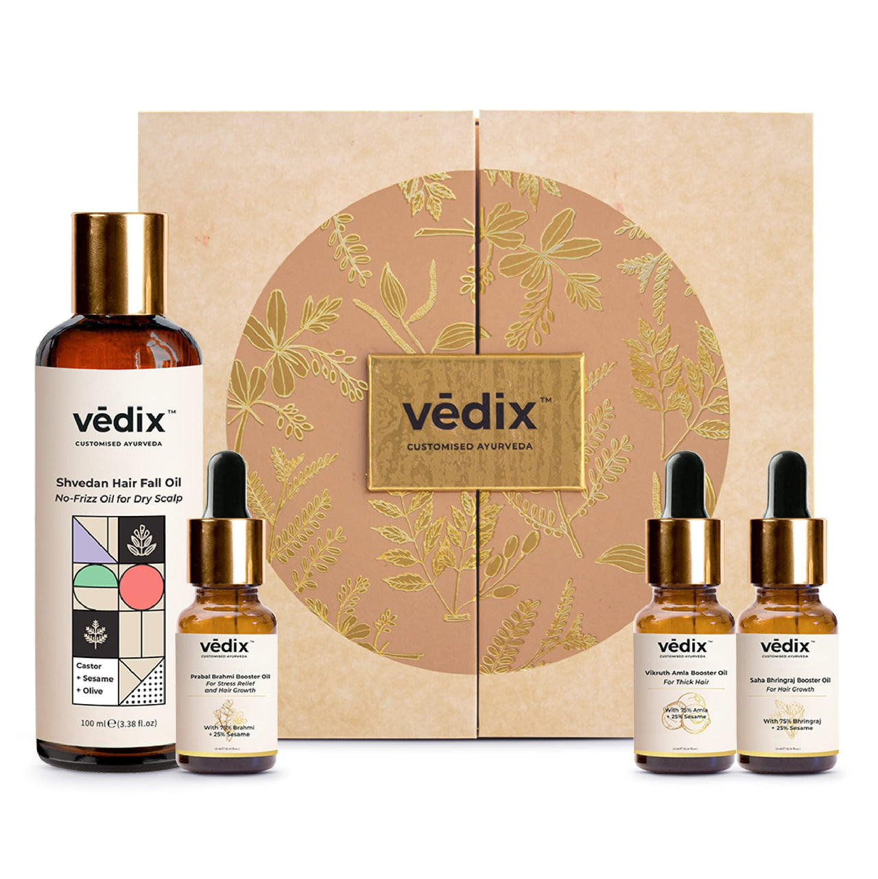 Vedix Ayurvedic Hair Fall Oil Combo with 3 Booster Oils, Shvedan No Frizz Hair Oil For Dry Scalp With Amla, Brahmi & Bhringraj Booster Oils, gift for women, 4 Oils Gift Kit - 130ml