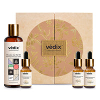 Vedix Ayurvedic Hair Fall Oil Combo with 3 Booster Oils, Shvedan No Frizz Hair Oil For Dry Scalp With Amla, Brahmi & Bhringraj Booster Oils, gift for women, 4 Oils Gift Kit - 130ml