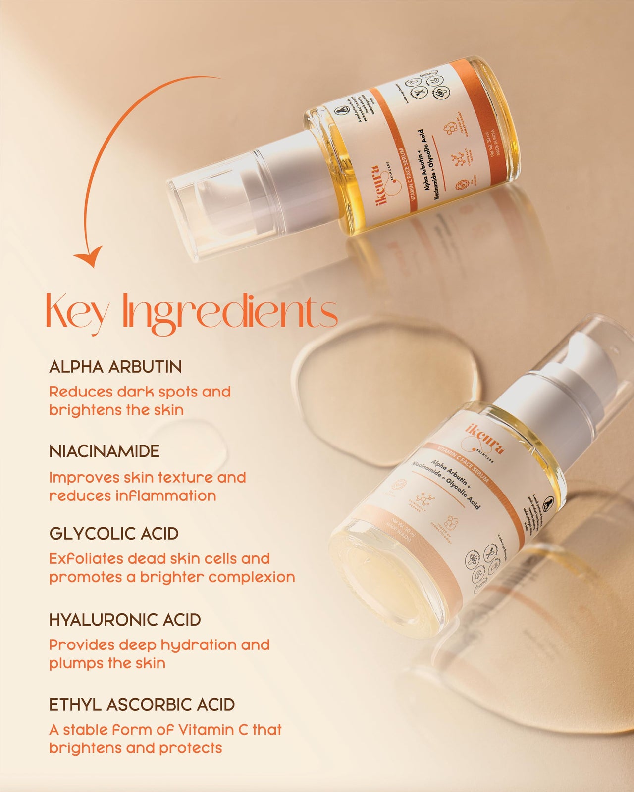 Ikcura Vitamin C Face Serum with Alpha Arbutin, Niacinamide, Glycolic Acid | Brightens Skin, Exfoliates, Suitable for All Skin Types, Hydrates Deeply, Reduce Dull Skin, Dark Spots & Acne, 30ml