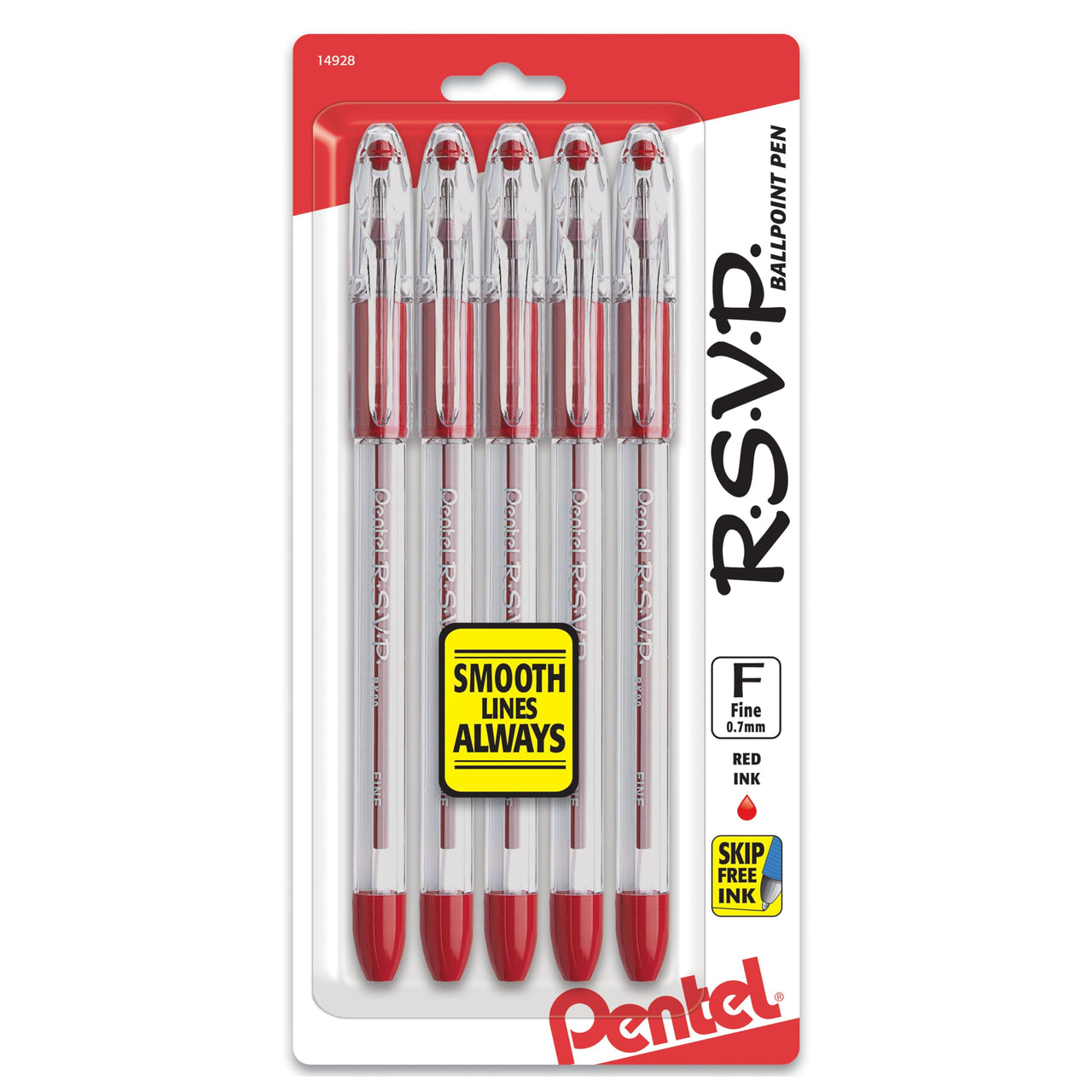Pentel RSVP Ballpoint Pen, Fine Line, (0.7mm), Red Ink (BK90BP5B) (Pack of 1, 5 Count Total) 5 Count (Pack of 1)