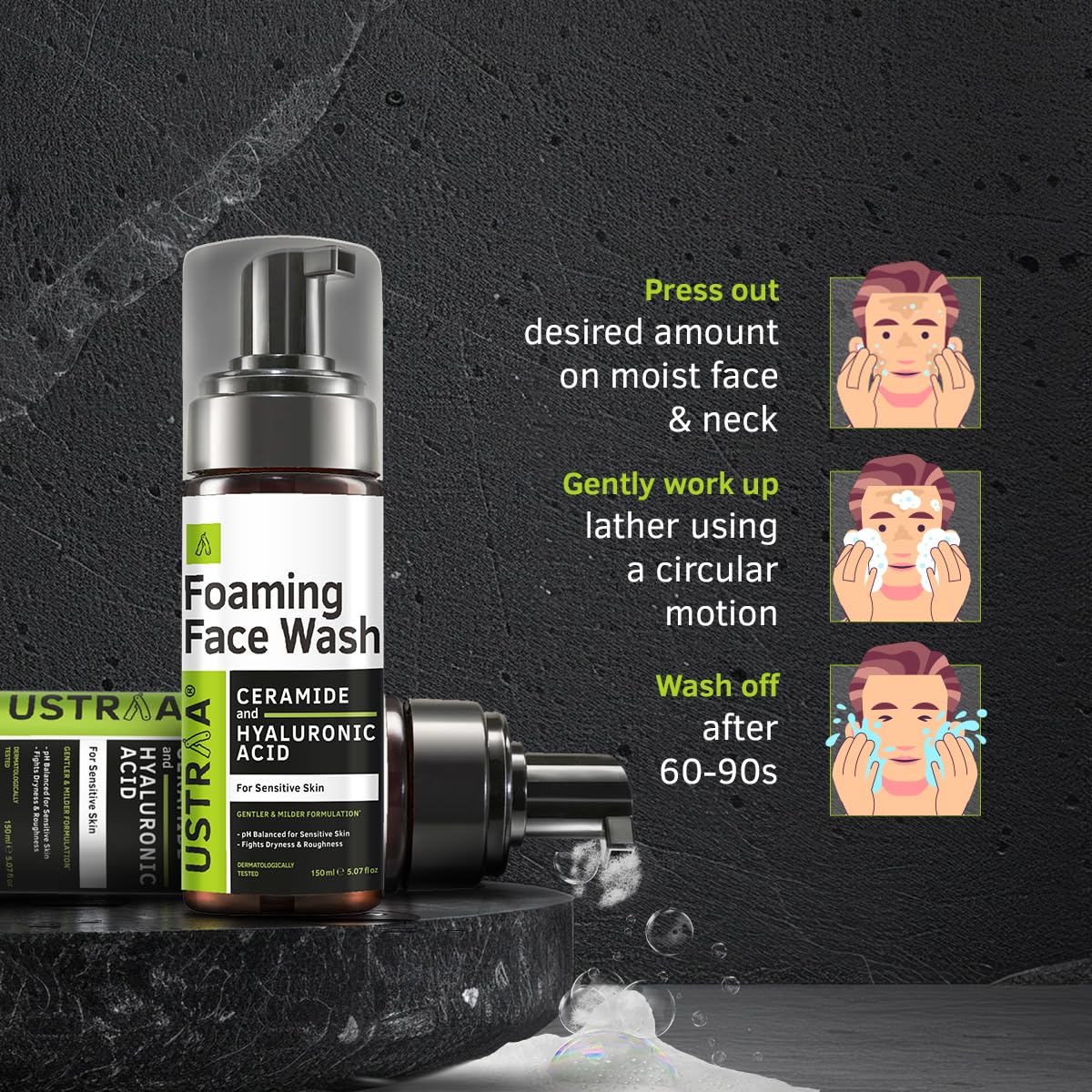 Ustraa Foaming Face Wash - 150ml - with Ceramide & Hyaluronic Acid - For Sensitive Skin | Gentle Formulation | Keeps pH in Balance | Dermatologically Tested | NO SLS, NO PARABEN