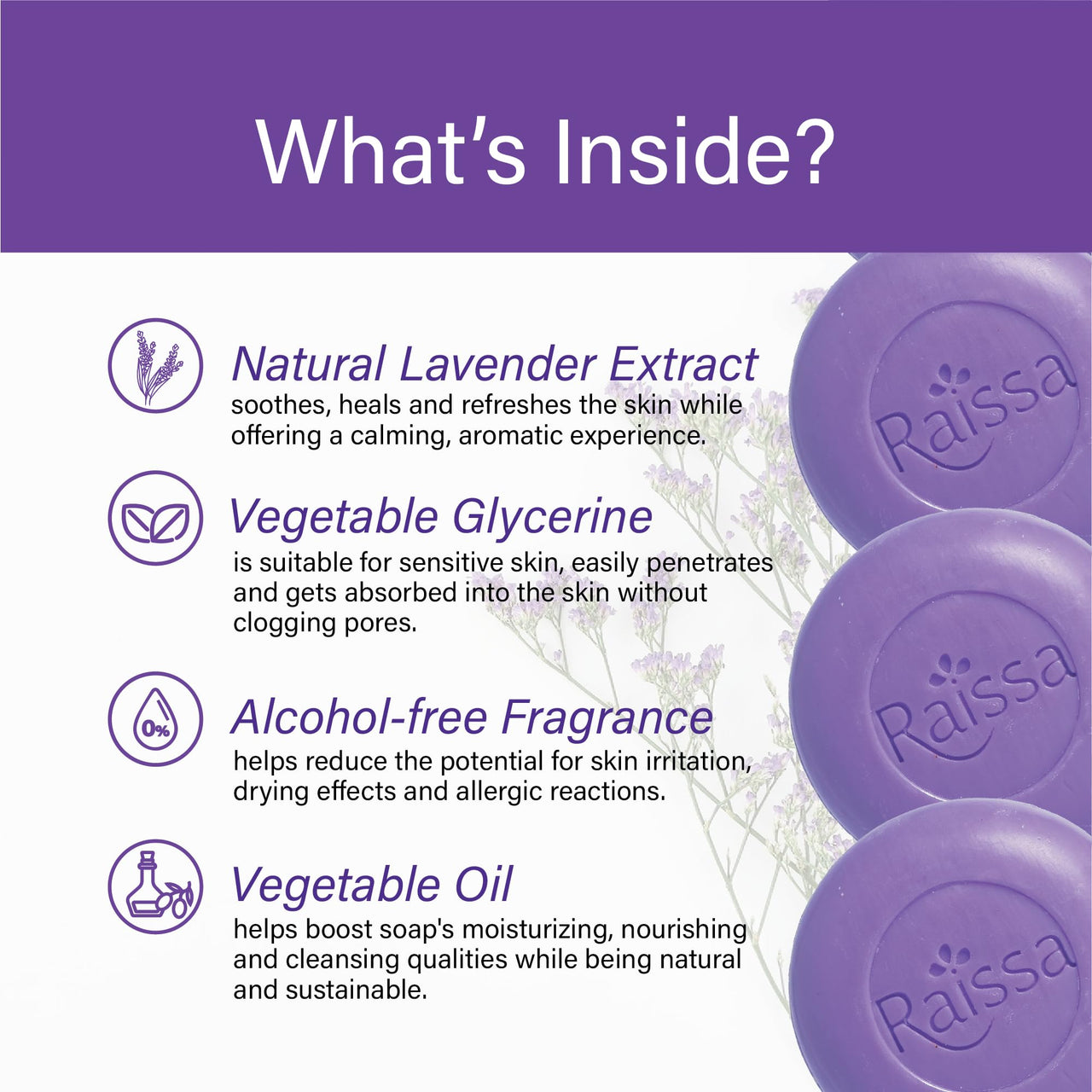 Raissa Bath Soap 85g, (Pack of 6) Nawabi Gulaab, Lavender Love,Mysore Mallige | Alcohol-Free Fragrance | No Harsh Chemicals