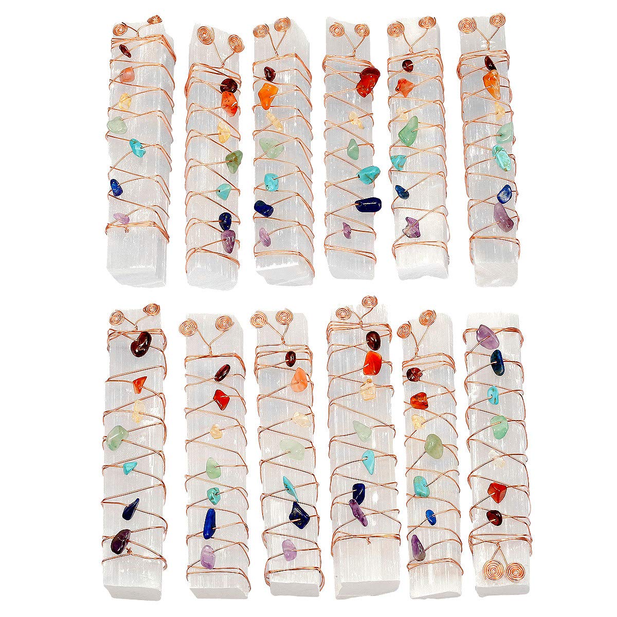 mookaitedecor Healing Crystals Set,7 Chakra Palm Stones & Crystal Selenite Wand Wire Wrapped Tumbled Chip Stone Kits for Reiki,Balancing 7 Chakra Palm Stones+3.1"-3.3" 7 Chakra Selenite Wand