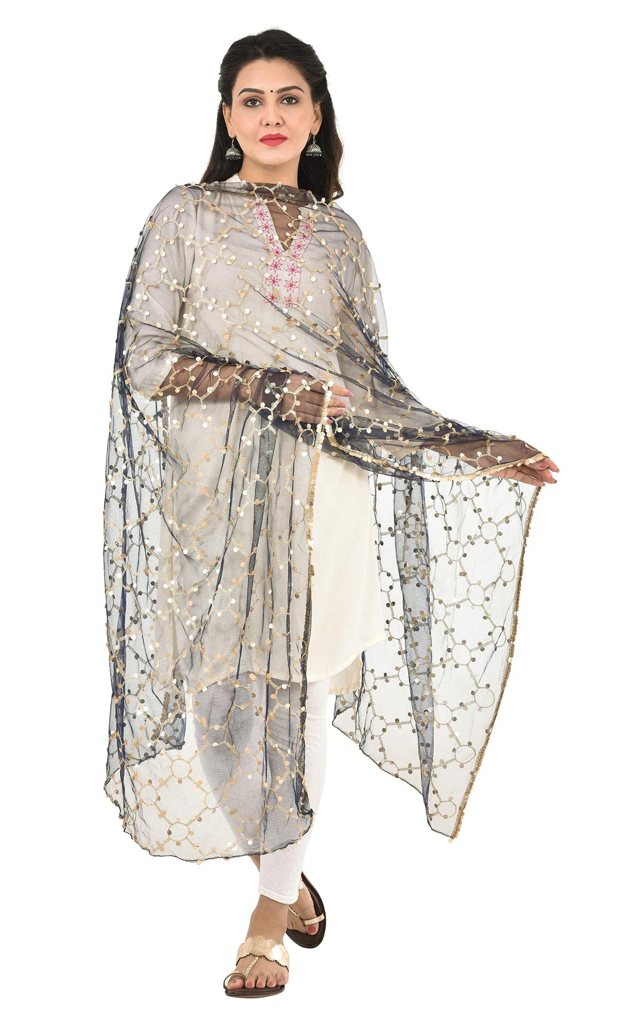 YOUTHQUAKE Heavy Embellished Plastic Mirror Net Dupatta for Womens & Girls