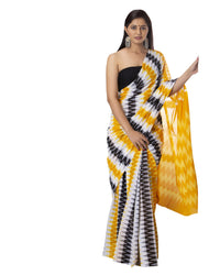 Shivanya Handicrafts Women's  Hand block printed cotton mulmul fabric saree Ikkat printed With Blouse Piece Traditional Jaipuri Print