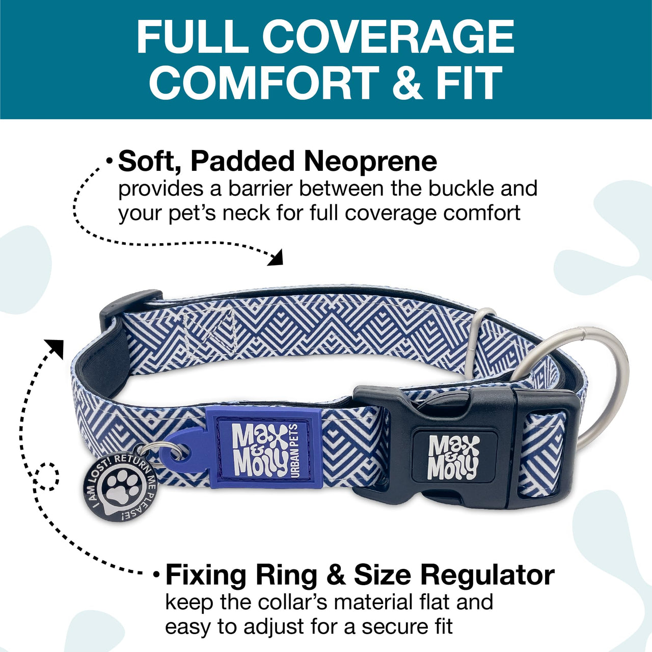 Max & Molly Soft Padded Neoprene Dog Collar w/Smart ID Gotcha! QR Pet Safety Tag, Durable, Waterproof, Anti-Stink, Machine Washable Collar for Dogs, Mykonos Navy Stripe, M M (13-21")