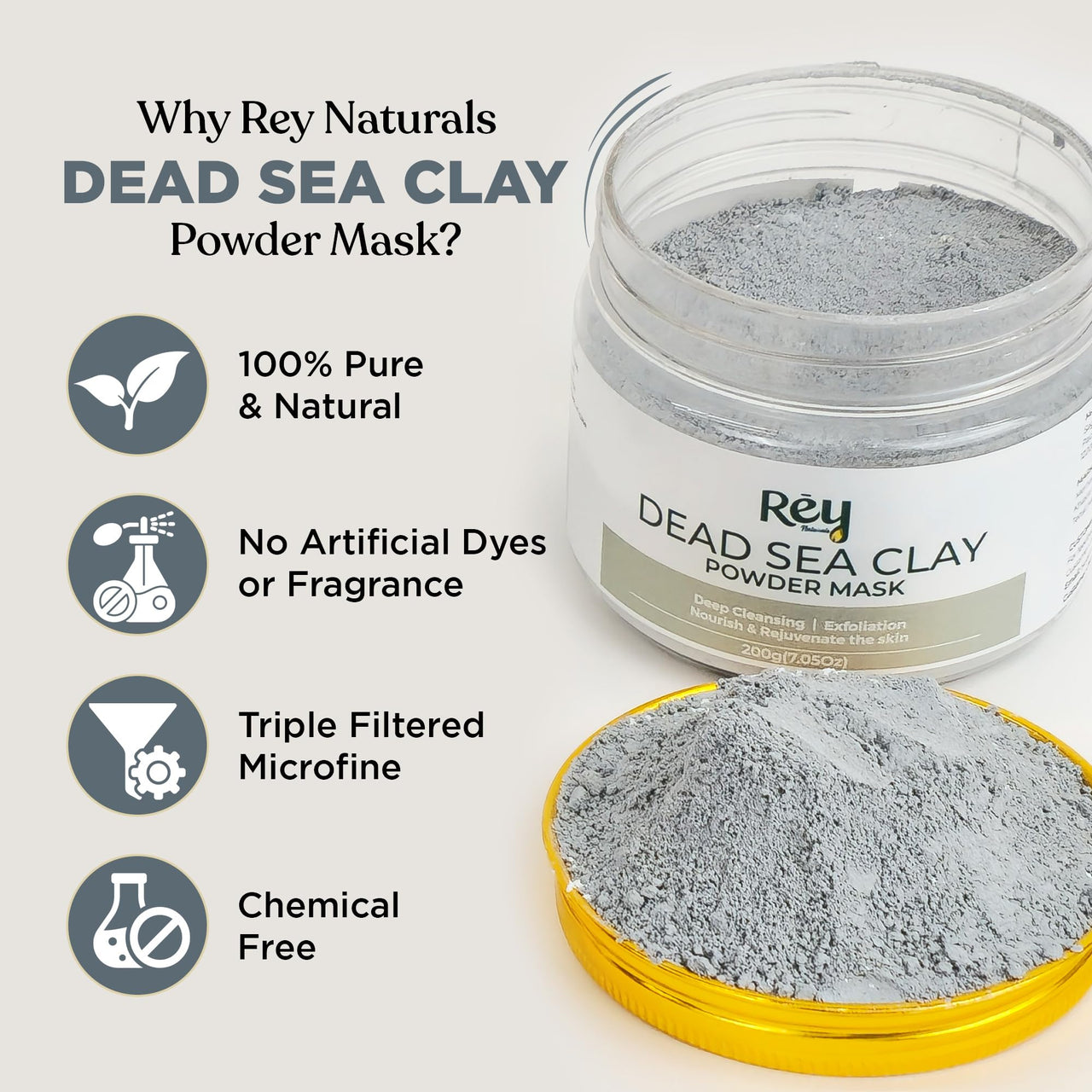 Rey Naturals Dead Sea Clay Face Pack - 200g | Face Clay Mask for Skin Hydration & Detoxification | Minimize Blackheads & Acne | Draws Out Impurities, Dirt & Toxins From Skin