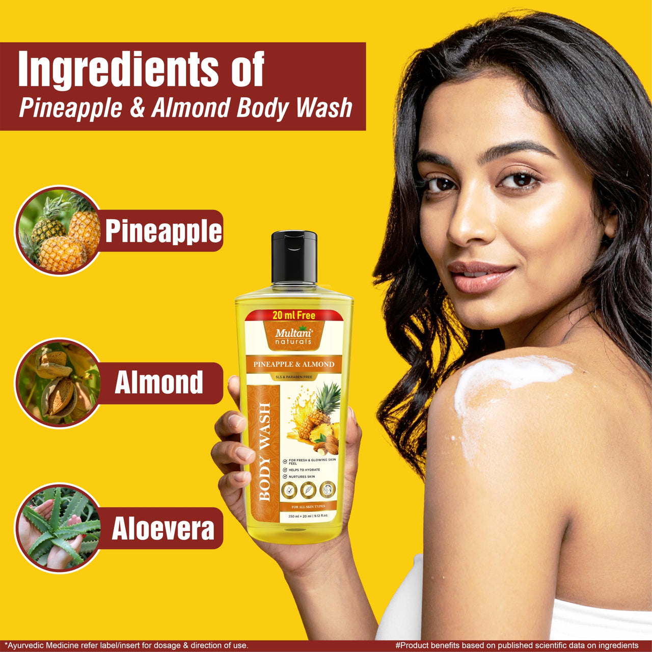 Multani Naturals Pineapple & Almond Body Wash | Refreshing Herbal Body Cleanser for Men & Women | Nourishing, Paraben & Sulphate Free | Suitable for All Skin Types (270ml)