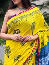 Shivanya Handicrafts Cotton Mulmul Saree for Women Attached Pom Pom Lace Red & Black 1