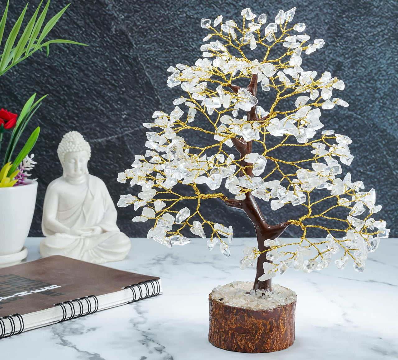 Clear Quartz Crystal Tree of Life - Chakra Tree for Positive Energy, Feng Shui Decor - Gemstone Money Bonsai Tree, Good Luck Healing Crystals - Meditation Stones, Spiritual Unique Gift 10-12" Clear Quartz (Golden Wire)