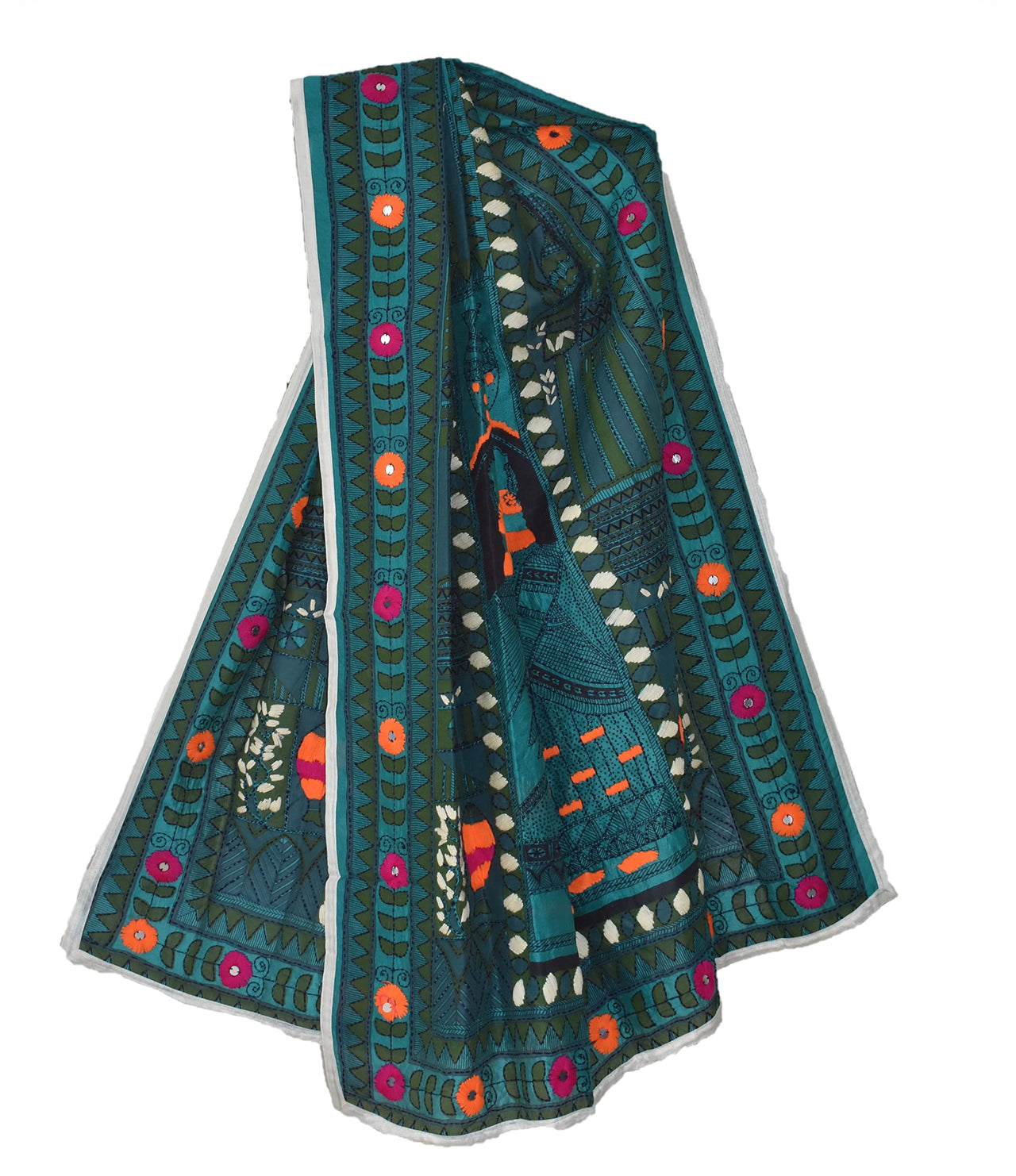 tweedle Chanderi Phulkari/Fulkari Dupatta for Women in Madhubani Kantha Embroidery