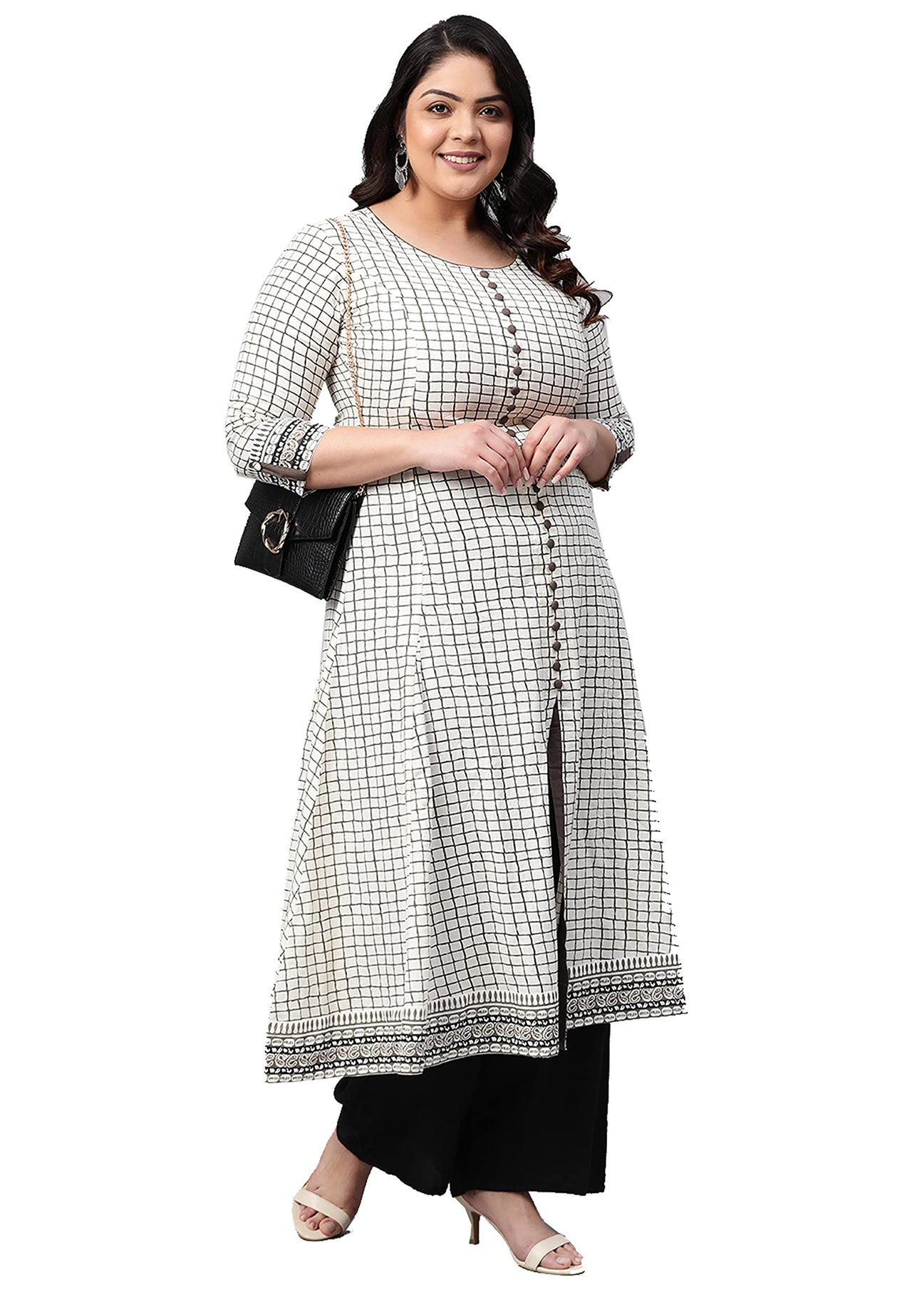 Yash Gallery Women's  Plus Size Plus Size Cotton Slub Checks Printed Anarkali Kurta for Women