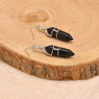 Black Onyx Wire Wrapped Point Crystal Earrings for Women Reiki Energy Healing Black Onyx