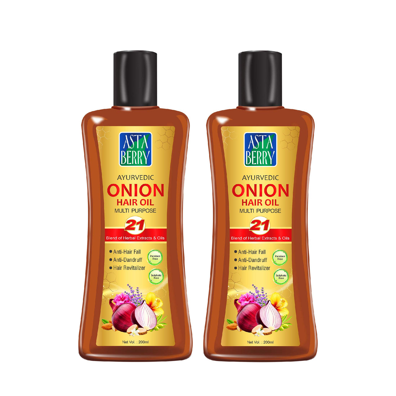 ASTABERRY Onion Hair Oil For Hair Growth 200ml- Anti-Hair Fall Oil | Anti Dandruff & Anti Revitalizer | Goodness of 21 Herbal Extract & Essentials Oils Pack of 2,(2 x 200ml)