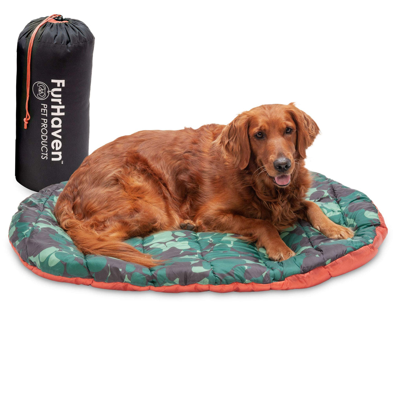 Furhaven Outdoor Travel Dog Bed for Large/Medium Dogs w/ Carry Bag, Washable & Foldable, Great for Crates & Kennels - Trail Pup Travel Pillow Mat w/ Stuff Sack Bag - Paprika/Camo-Paw, Large Trail Pup Travel Bed 39.0"L x 27.0"W x 2.0"Th