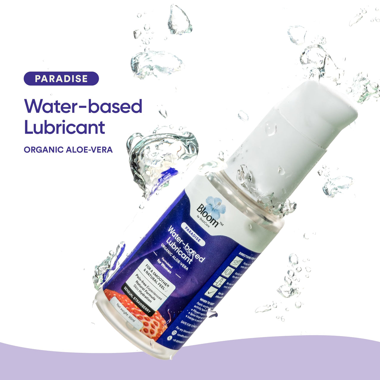 Bloom Water-Based Lubricant & Massage Gel | (50 ml) | For Long-lasting Painless Experiences | Non-Staining Lube for Dryness | Non-Sticky & pH Balanced Formula | Strawberry Flavour