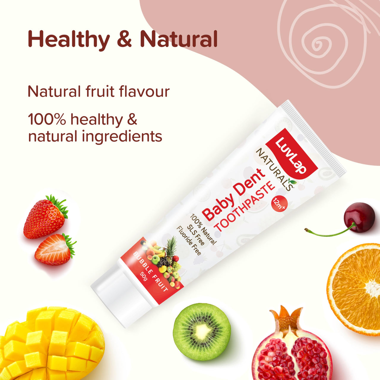 LuvLap Naturals 100% Natural Baby Toothpaste 50g, Bubble Fruit Flavour, SLS & Fluoride Free Kids Toothpaste, Removes Plaque, Prevents Bacteria, Ensures White Teeth, Neutral pH, 12M+