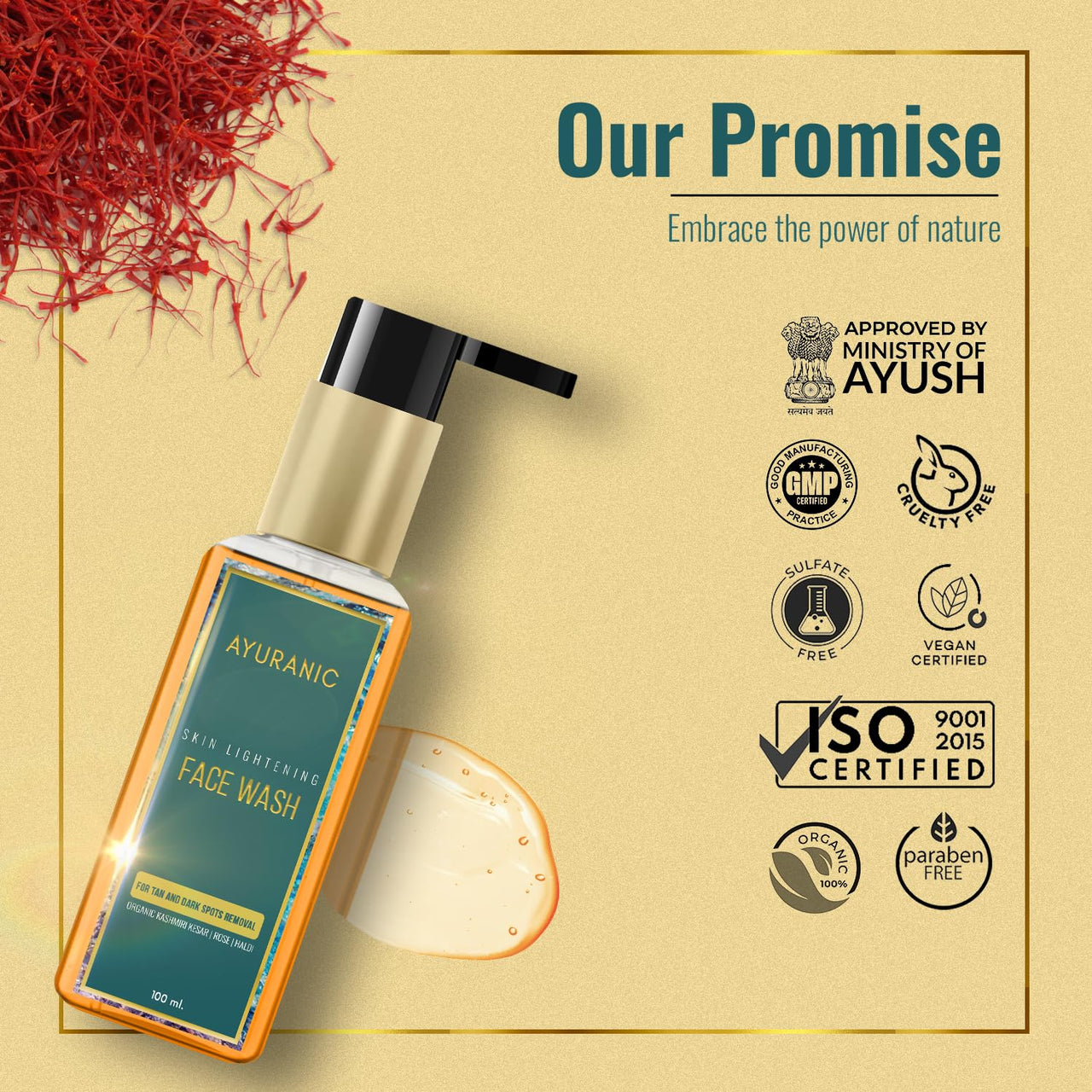 Ayuranic Tan & Dark Spots Removal Ayurvedic Face Wash For Glowing & Even Skin Tone | Kumkumadi Oil, Rose Water, Turmeric For Oily & Acne Prone Skin | Ayush Certified | (11 Natural Herbs, 100 ml)