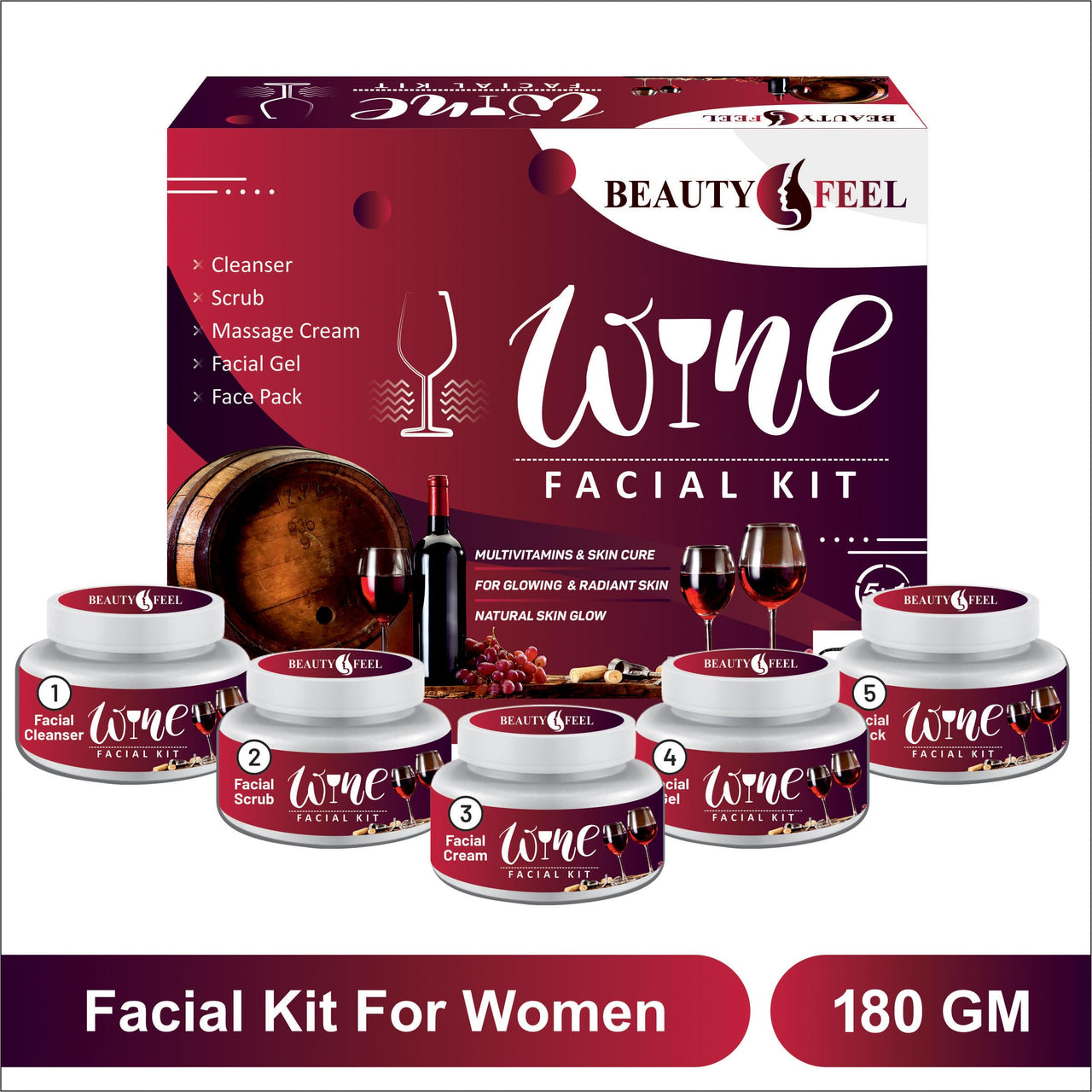 Beauty Feel Professional Red Wine Facial Kit For Facial, Cleanser + Scrub + Massage Cream + Facial Gel + Face Pack [Set of 5] 180 gm