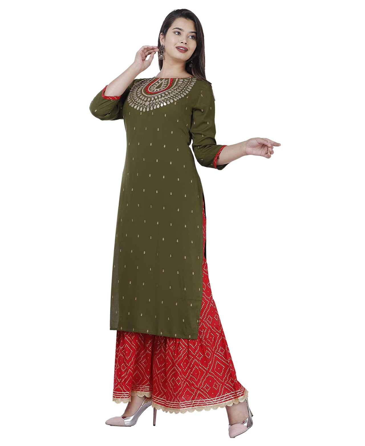 Ashta Vinayak Creations Women's  Casual Rayon Embroidered Straight Kurti With Sharara Set(AVC74_Black_Red)