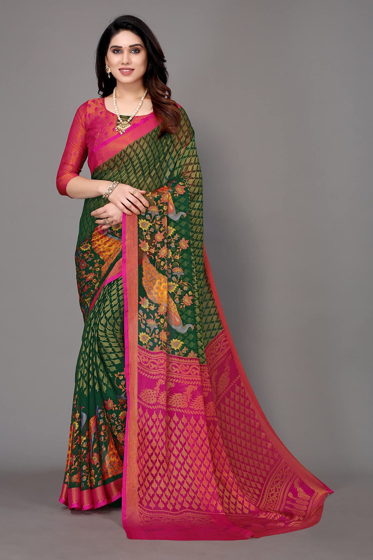 Winza Designer Women's  Chiffon Brasso Floral Printed Saree with Blouse Piece