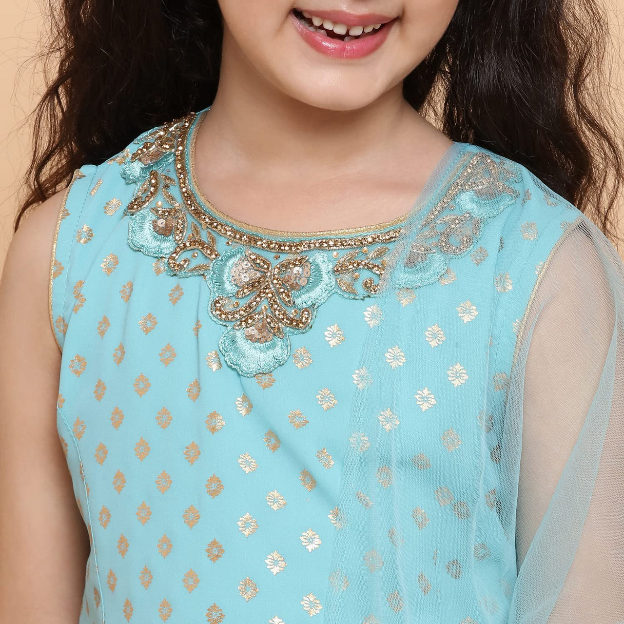 AJ DEZINES Kids Foil Print Sleeveless Kurta and Sharara Set For Girls 6 Years-7 Years