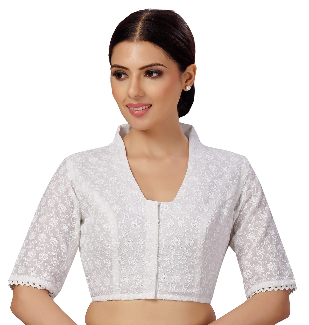 X3 Women's  Cotton Elbow Length Sleeves Chikankari Saree Blouse with Glass Neck