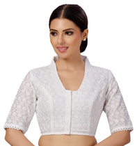 X3 Women's  Cotton Elbow Length Sleeves Chikankari Saree Blouse with Glass Neck